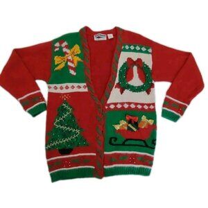 Jennifer Moore Vintage CHRISTMAS Sweater Hand Knit Beads Bows Three Women Size M